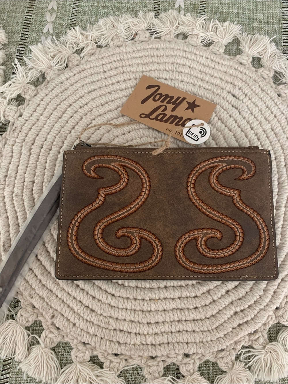 Tony Lama Brown Leather Card Wallet with Snap Strap & Zipper Pocket - Picture 4 of 4